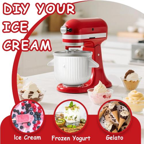Ice Cream Maker Attachment for KitchenAid, Ice Cream Maker Bowl | For KitchenAid 4.5/5/6 Quart and Larger Models, Frozen Ice Cream & Sorbet Gelato Maker, White, Mixer/Machine NOT Included