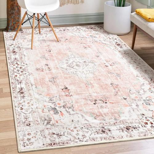 MUJOO Pink Rug 3x5 Washable,Boho Area Rugs Small Non Slip Low-Pile Floral | Machine Washable Throw Carpet for Entryway Bedroom Bedside Kitchen Hallway Living Room Soft Indoor Flowers Light Blush