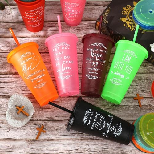 Havawish 24 Pcs Inspirational Christian Gift Bible Verse Tumbler Bulk 24 oz Drinking Tumblers with Lid Straw Religious Plastic Cup for Christmas Appreciation Day Women Men Sunday School (Colour)