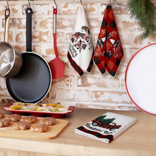 Sratte 6 Pcs Winter Kitchen Towels Snowman Gnome Truck Dish Towel Absorbent Red Black Buffalo Plaid Bathroom Hand Towels Farmhouse Winter Tea Towel for Kitchen Bathroom Decoration Housewarming Gift