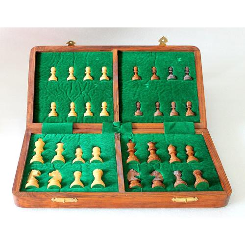 StonKraft Wooden Foldable Travel Chess Game Board with Storage Slots, 14 Inch