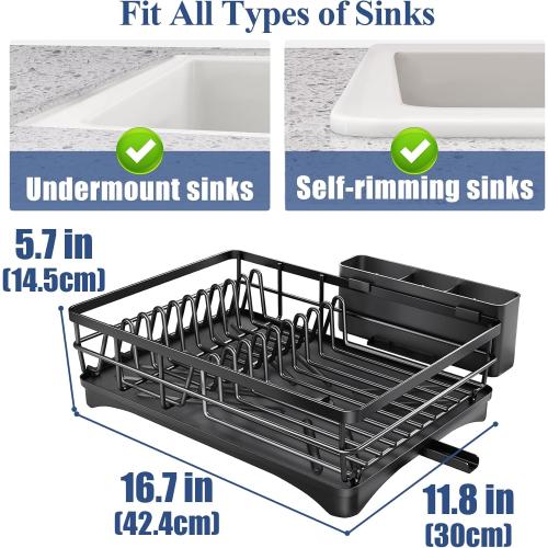 SNTD Dish Drying Rack for Kitchen Counter - Large Dish Rack with Drainboard, Rustproof Dish Drainer with Utensil Holder for Sink, Black
