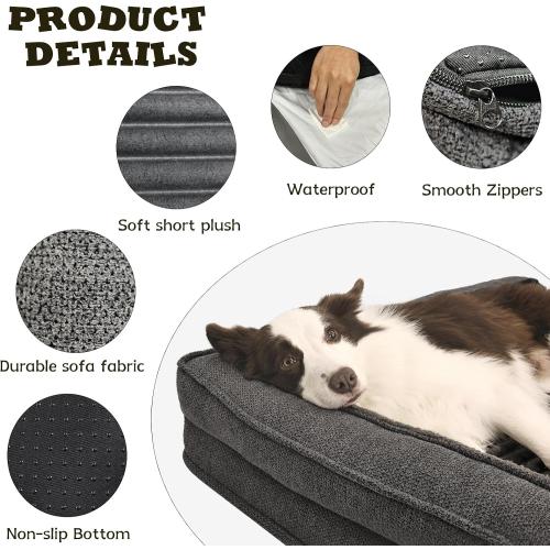 WINDRACING Orthopedic Dog Beds for Large Dogs 40x28 inch, L Shape Waterproof Dog Bed with Bolster Sides, Washable Big Pet Bed with Removable Cover & Non-Slip Bottom, Gray