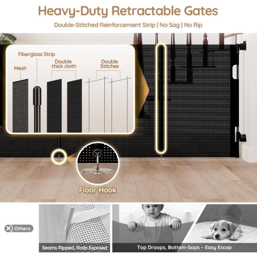 Miumoon One-Hand Operation Retractable Baby Gates, 150 inch Retractable Gate with Reinforced Strip Design to Prevent Crawling Through, 12 FT Extra Wide Retractable Dog Gate for Indoor/Outdoor