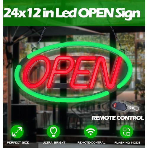 LED Open Sign,Bright Open Sign for Business Window with Remote Control,24x12 inch Large Size,Restaurant,Bar,Retail Shops,Window Storefronts,Salon,12V/2A Power Supply (Green-Red)
