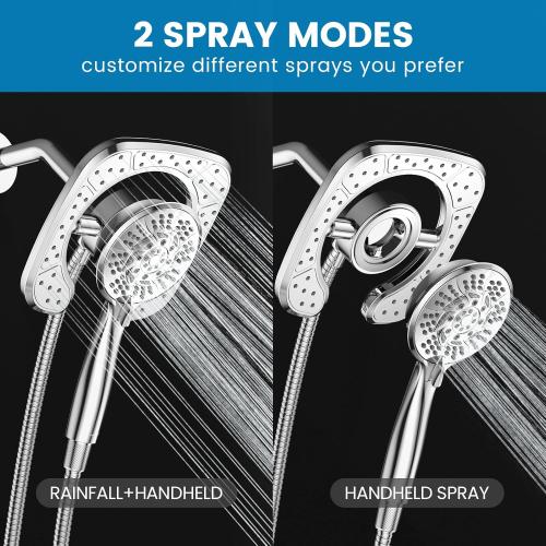 High Pressure Shower Heads, 7.2Inch 2 in 1 Rainfall Shower head & Handheld Showers with Magnetic Docking System, Ten-Function Handheld Shower Head with 59 Rotatable Stainless Steel Hose (Chrome)