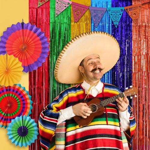 Mega-L Fiesta Taco Foil Fringe Curtains, Mexican Party Backdrop, 2 Pack