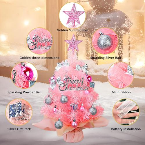 Small Mini Christmas Tree Pink with 50 LED Lghts 24 Inch /2FT Tabletop Artificial Christmas Tree Decorated Gift Boxes and Hanging Ornaments for DIY Christmas Decoration