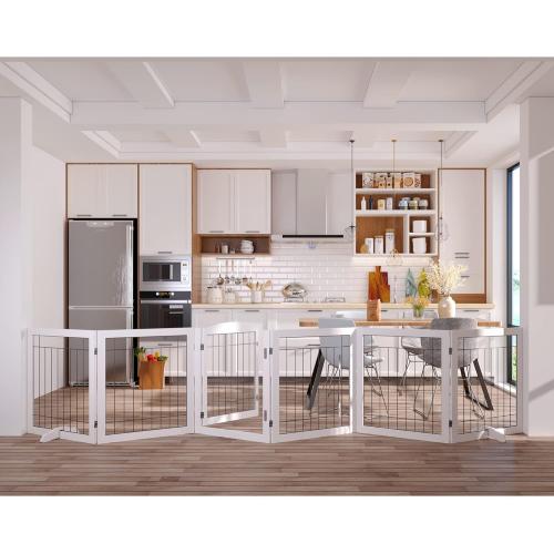 Vantas Folding Pet Gate 144 Wide, 30 Tall No-Assembly Wooden Dog Gate with Door Walk Through, Freestanding Wire Pet Gate, Pet Puppy Safety Fence, with 2PCS Support - White