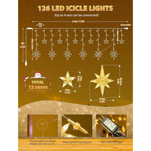 9 LED Star Icicle Lights,t Connectable Window Curtain Lights Plug  Modes Timer Bethlehem Star Christmas Light for Indoor Outdoor,Bedroom,Wedding,Ramadan Decor,Warm White