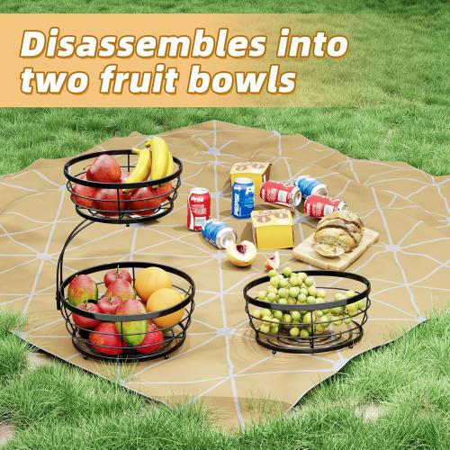 Simple Trending 2 Tier Fruit Basket Bowl for Kitchen Counter, Metal Wire Stackable Vegetable Storage, Black