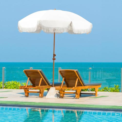 6.5ft Patio Umbrella with Fringe, Beach Umbrella, Fringe Umbrella Outdoor Patio with Hanging Hook, Tilting Aluminum Pole, UV 50 , Fiberglass Ribs, Elegant Cream