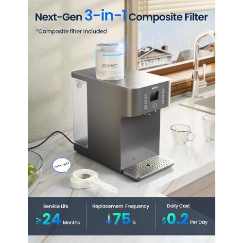 CF01 Reverse Osmosis Countertop Water Filter, 8 Stage Nano RO Water Filtration System, Home Water Purifier, 4:1 Pure to Drain Ratio, No Installation Required, Grey