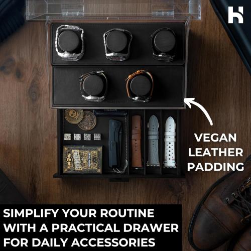 Holme & Hadfield Premium 5-Slot Wooden Watch Display Case – Handcrafted Men’s Watch Box with Accessory Drawer, Hinged Cover, Leather Lining – Birthday Gift for Collectors – Luxury Built to Last