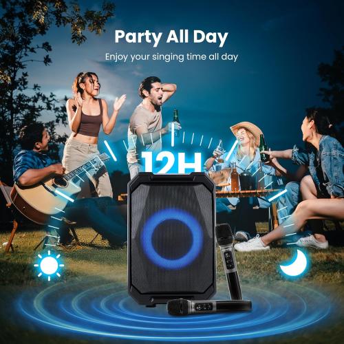 Karaoke Machine with 2 Wireless Microphones, Portable Bluetooth Party Karaoke Speaker with LED Lights, Bass/Treble Adjustment, TWS, 800W(Peak) PA System for Home Party, Supports USB/AUX/REC/Mic-in ( no remote)