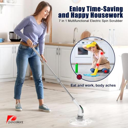 Pancellent Electric Spin Scrubber,2025 Upgrade 7 in 1 Electric Cleaning Brush,360RPM Powerful Cleaning,1.5H Bathroom Scrubber Dual Speed with Extension Arm for Kitchen,Car,Tile,Wall,Floor,Shower