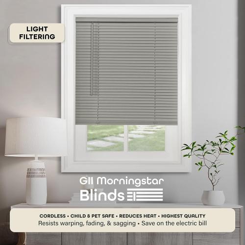 Cordless Light Filtering Mini Blind - 48 Inch Width, 64 Inch Length, 1 Slat Size - Grey - Cordless GII Morningstar Horizontal Windows Blinds for Interior by Achim Home Decor
