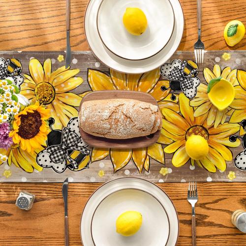 Artoid Mode Wood Sunflower Bee Flower Polka Dot Summer Table Runner, Seasonal Kitchen Dining Table Decoration for Indoor Party Home 13x72 Inch