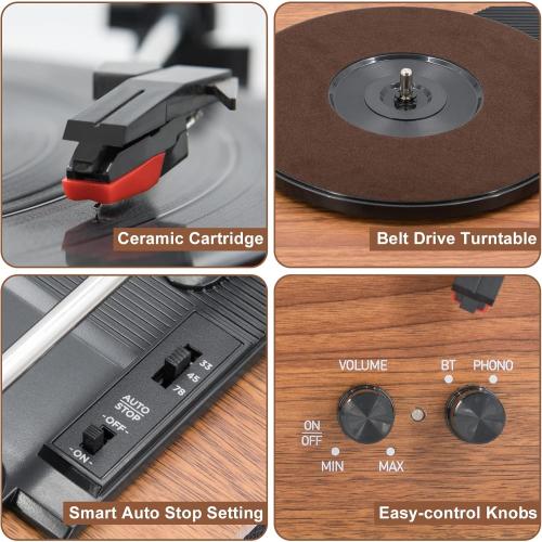 MPK Bluetooth Record Player,Turntable HiFi System with Bookshelf Speakers, 3-Speed Belt-Drive Vinyl Turntable for Vinyl Records with Wireless Playback and Auto-Stop,Yellow Wood