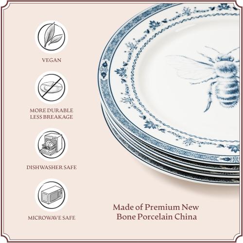 Set of 4 Blue and White Collectible Assorted Farm Animals, Veggies and Banyan Tree Dinner Plates 10.5 with Giftbox