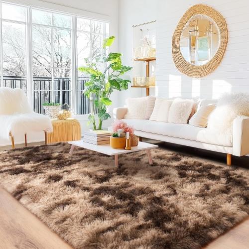 Large Area Rugs 9x12 Living Room, Ultra Fluffy Fuzzy Shag Rug for Bedroom, Modern Plush Soft High Pile Upgrade Non-Slip Carpet for Kids Girls and Boys Room Decor, Tie-Dyed Brown