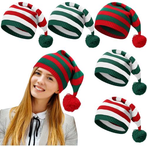 6 Pcs Christmas Elf Hat Knitted Santa Hat Winter Beanie Striped Hat for Adult Xmas New Year's Party Costume Accessory