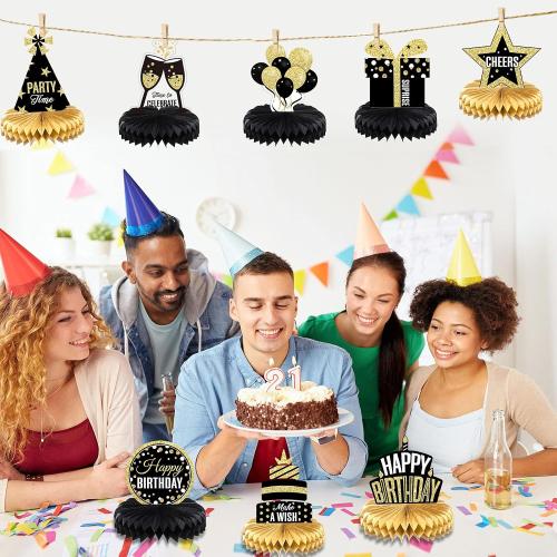 8 Pieces Happy Birthday Party Decorations Supplies Birthday Honeycomb Centerpieces Table Toppers for Party Favor Photo Booth Props, Black and Gold