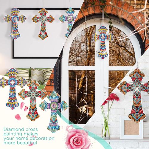 Faccito 3 Pcs Cross Diamond Art Painting Hanging Kit for Adult DIY 5d Crystal by Number Mandala Cross Rhinestone Pendant Acrylic Mosaic Wall Ornament Gift for Easter Religious Christians Woman