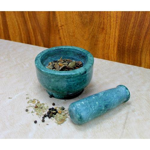 4 Diameter Natural Stone Mortar and Pestle Set as Spice Grinder, Medicine Masher - Okhli and Musal (Green Deep)