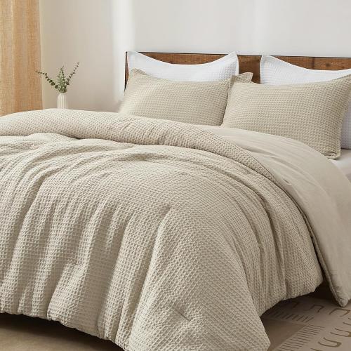 PHF Ultra Soft Waffle Weave Comforter Set King Size, 3 Pieces Lightweight Breathable Comfy Bedding Set, Comfy Textured 1 Comforter with 2 Pillow Shams, Linen