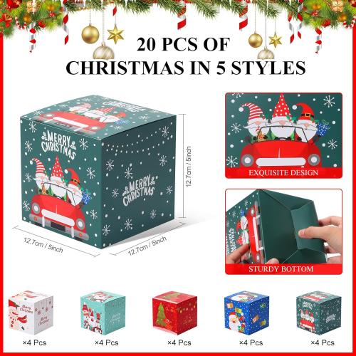 COTOPHER 20 Pcs Christmas Gift Boxes, 5 x 5 x 5 Xmas Candy Boxes for Gift Giving, Paper Treat Ornament Gift Box Decorative Christmas Goodie Box for School Home Holiday Party Favors Supplies