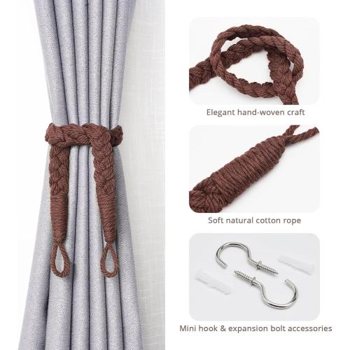 NICEEC 2 Pack Natural Cotton Rope Curtain Tiebacks Elegant Boho Style Decorative Drape Tie Backs Soft Hand-Woven Rope Curtain Holdbacks with Metal Hook for Home & Office Drapery (Coffee)