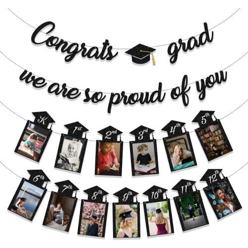 Graduation Decorations Class of 2025 Party Supplies - Congrats Grad, We are So Proud of You Banner and K-12th Grade Graduation Photo Banner (Pre-Strung)
