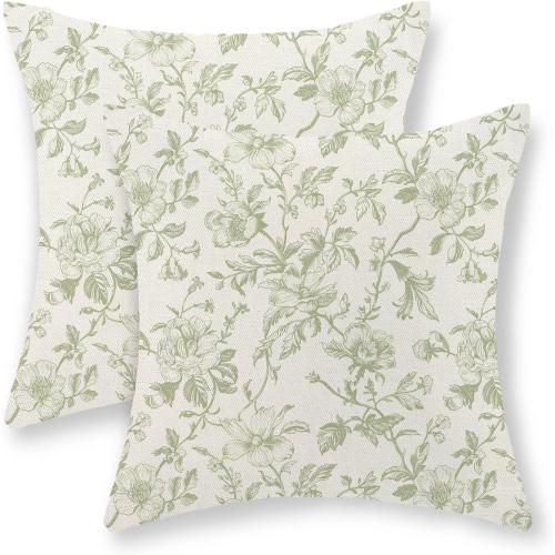 Sage Green Floral Pillow Covers 24x24 Set of 2 Light Green Chinoiserie Floral Decorative Throw Pillows Vintage Rustic Toile Flower Pillowcase Outdoor Decor Linen Cushion Cover for Couch Sofa