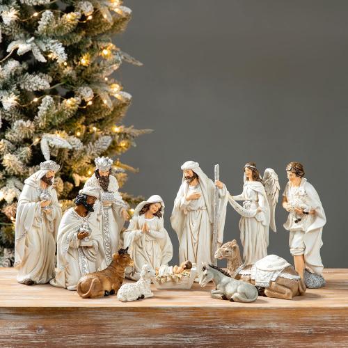 Glitzhome 12Pcs Ivory Resin Nativity Figurines Set Christmas Nativity Sets Tabletop Scenes Ornaments Xmas Nativity Collectible Figurines Indoor Decor Miniatures Statues Figures10.00 x 26.00