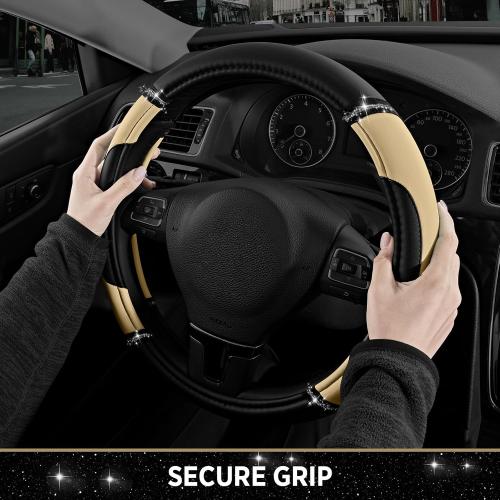 Road Comforts Leather Steering Wheel Cover - Made with PVC Leather - Anti-Slip, Universal Fit 14 1/2 inches to 15 inches - Beige