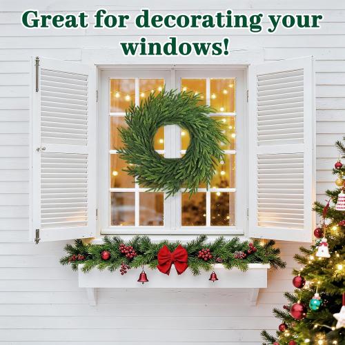 24 Inch Norfolk Pine Wreath, Real Touch Artificial Green Christmas Wreaths for Front Door, Windows, Porch, Wall, Indoor, Outdoor Xmas Holiday Decorations