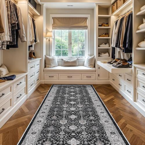 Washable 4x12 Hallway Runner Rug: Vintage Soft Carpet for Living Room Bedroom Stain Resistant Area Rug with Non-Slip Backing for Entryway Kitchen Thin Floor Mat for Bathroom Dining Room(Black,4x12)