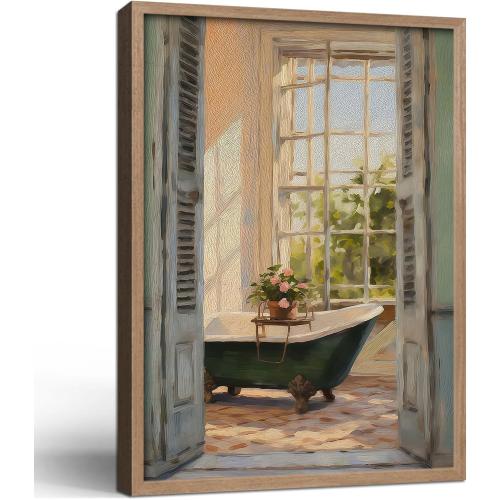 Framed Vintage Canvas Wall Art Print Classical Bathroom Bathtub Poster Flowers Gallery Style Picture Home Decor Rustic Bathroom farmhouse Apartment 16X24 Inch Ready to Hang