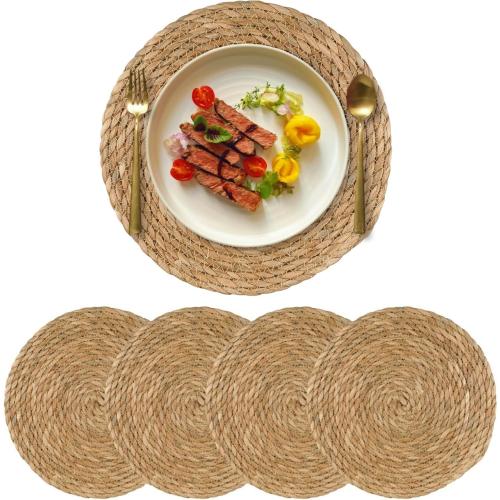 15 inch Round Woven Placemats Set of 4, Boho Rattan Natural Hand-Woven Water Hyacinth Placemats, Chargers for Dinner Plates, Farmhouse Weave Place Mats, Rustic Wicker Table Mats Decor for Home,Wedding