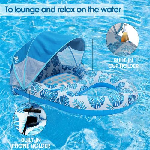 Pool Lounge Float with Canopy UPF50 ,Extra Large Pool Floats for Adults Heavy Duty,Inflatable Lounger Float with Cup Holder & Backrest,Footrest