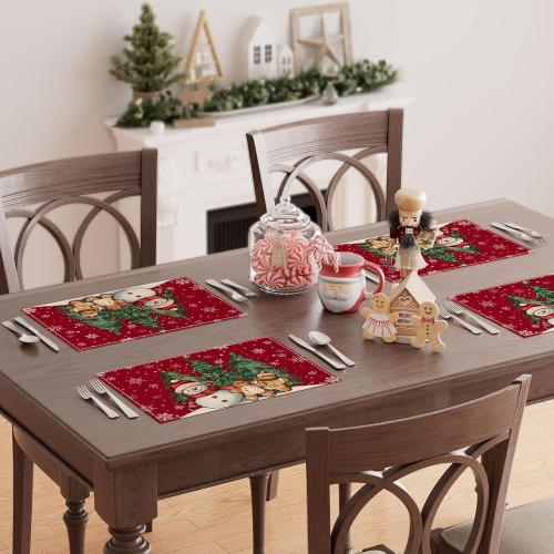 XCHI Winter Red Snowman Gingerbread Man Christmas Tree Xmas Placemats Set of 4 Table Mats for Party Home Kitchen Dining Table Decorations 12x18 Inch