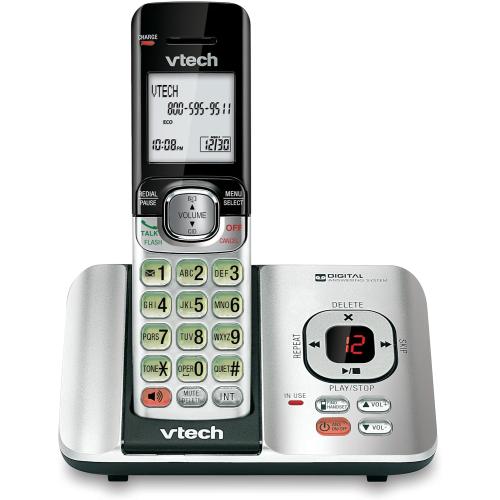 VTech CS6529 1-Handset Cordless Phone with Answering Machine, Caller ID/Call Waiting, DECT 6.0 Expandable, Handset Speakerphone, Silver/Black