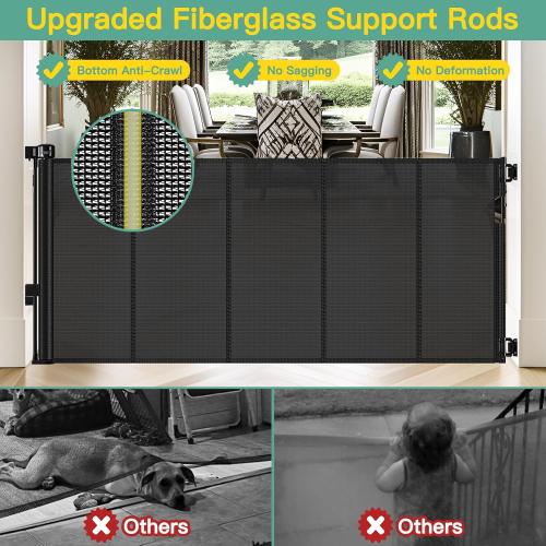 Reinforced 60 Wide Retractable Baby Gates with Upgraded Rods - Bottom Anti-Escape, 5 ft Mesh Baby Gate Retractable Dog Gate Indoor Pet Gate Retractable Stair Gate Outdoor Retractable Gate, Black