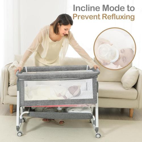 OHFLY Baby Bassinet, Bedside Bassinet for Baby, 4 in 1 Bassinet Bedside Sleeper with Locked Wheels, Mosquito Net, Adjustable Easy Folding Portable Crib for Infant Newborn, Grey