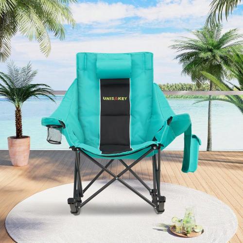 Unisakey Oversized Rocking Camping Chair with Headrest & Cup Holder - 300lbs Capacity, 600D Oxford Fabric, Easy Fold Portable Outdoor Rocker Chair for Camping, Backyard, Beach, Blackgreen