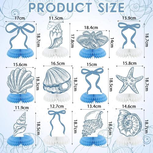 12 Pcs Blue Bow & Seashell Birthday Party Table Decor, Blue Bow Honeycomb Centerpieces, Summer Coastal Beach Party Decor, Starfish Seashell Table Topper for Birthday Bachelorette Bridal Wedding