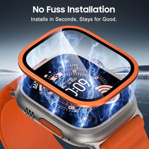 Uyiton for Apple Watch Ultra 3/2/1 Screen Protector - Titanium Alloy Frame & 9H Tempered Glass, Military Protection [Keep Original] Touch Sensitive iWatch Ultra Screen Protector 49mm, Orange, 2 Pack