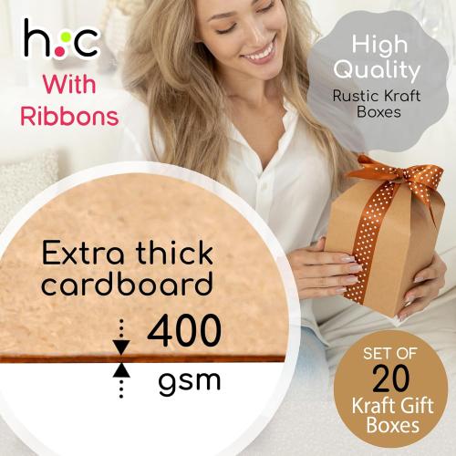 Brown Kraft Cookie Boxes with Lids & Ribbons (20 Pack) 6x5x5 Tall Square Gift Boxes for Mugs, Small Presents, Candles, Baked Goods, Candy, Fudge, Christmas, Decorative Food Packaging, Bulk, Empty