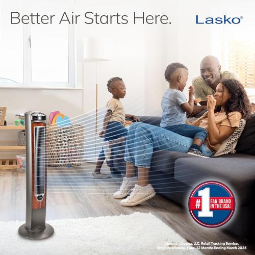 Lasko Oscillating Tower Fan with Remote, Quiet Floor Fans for Bedroom, 42, Woodgrain and Grey, T42954
